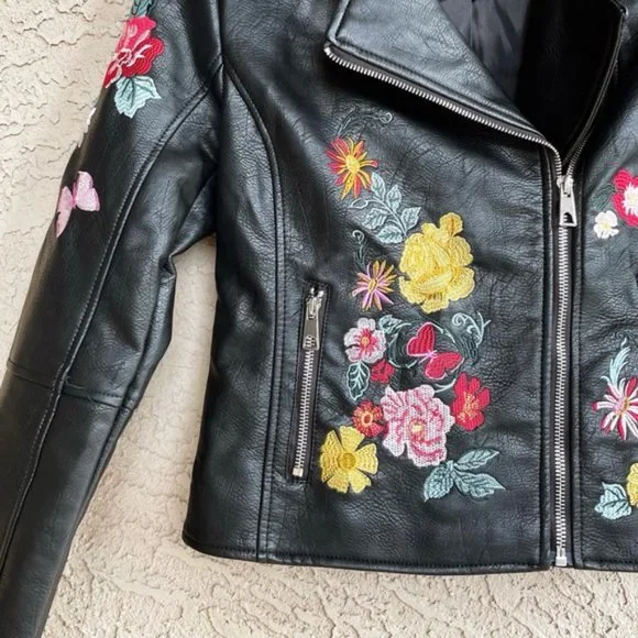 ROMEO & JULIET Floral Embroidered Faux Leather Moto Biker Jacket - Picture 4 of 9